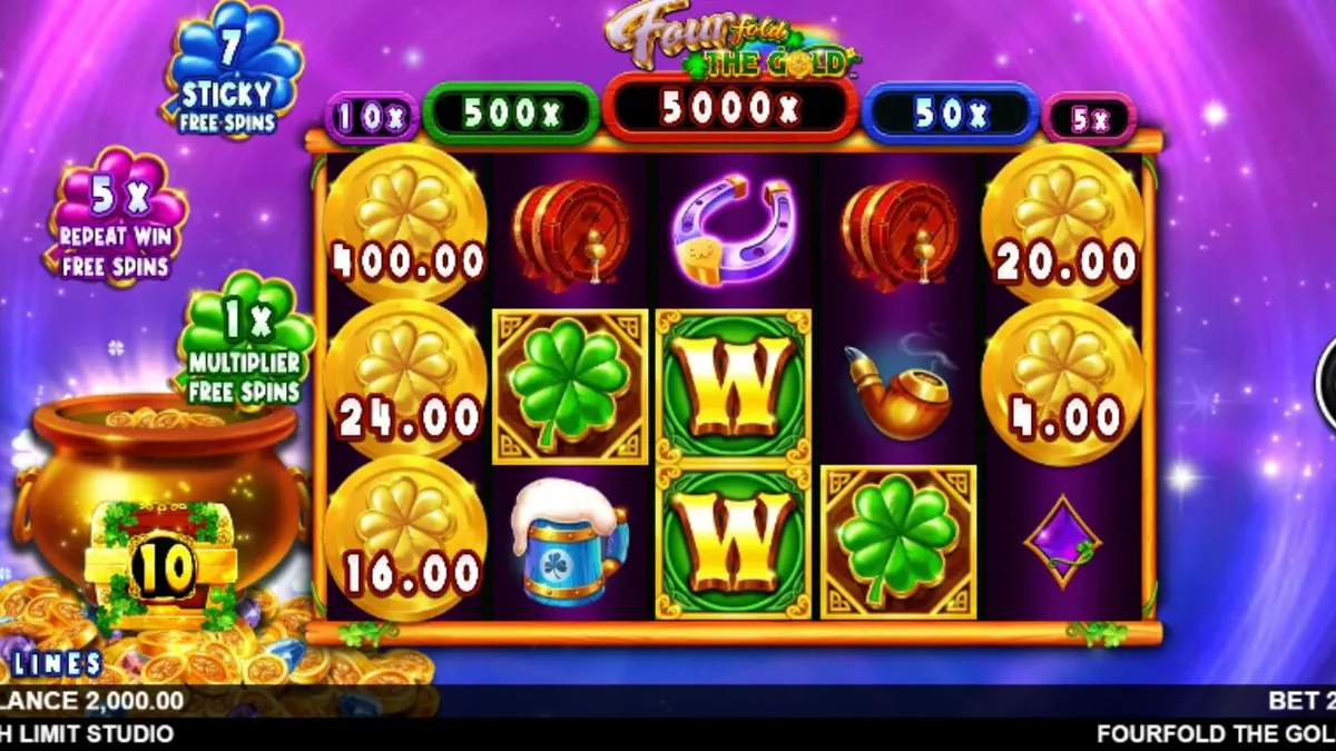 Cenário cósmico e temático de Fourfold the Gold com elementos da sorte irlandesa.