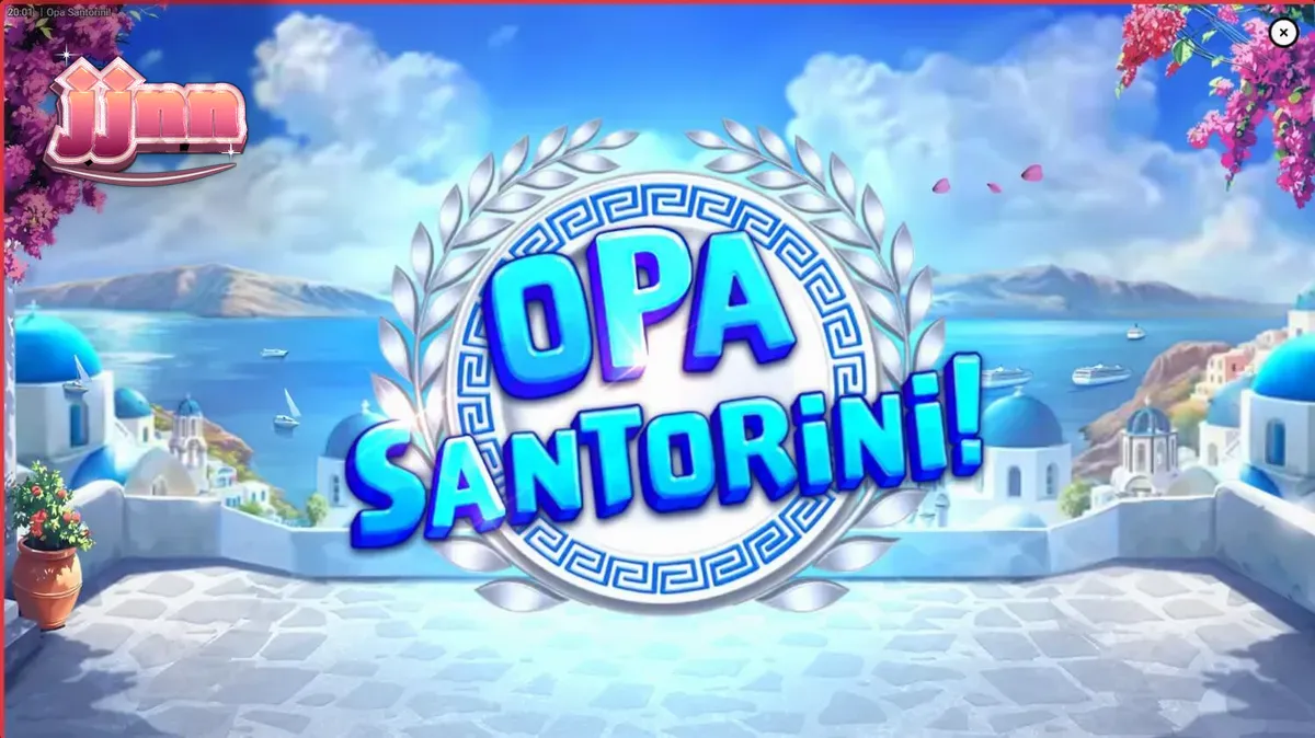 Vista panorâmica de Santorini com o jogo Opa Santorini! em destaque
